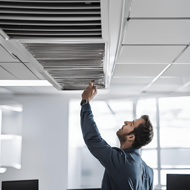 Building manager inspects an air vent